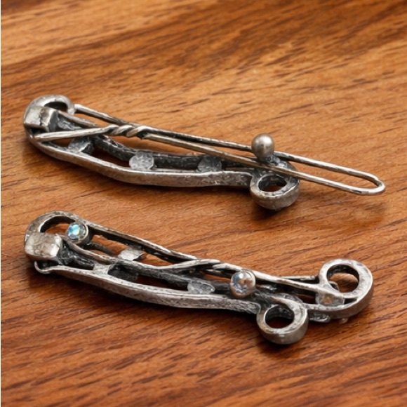 Vintage Silver Tone Rhinestone Scroll Hair Barrettes Set of 2 Y2K - Picture 3 of 4